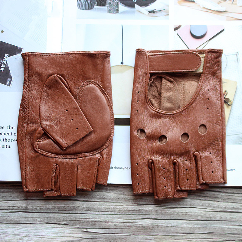 Leather Driving Glove - 新しい女性のシープスキンハーフフィンガーグローブ革単層裏地なし薄型中空フィットネスドライバーオートバイ革手袋