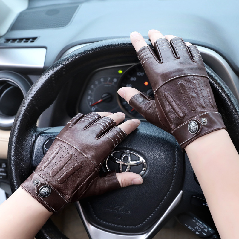 Leather Driving Glove - セミフィンガー本革手袋男性オートバイレトロ運転ハーフフィンガー男性シープスキン手袋タッチスクリーン YSM0051