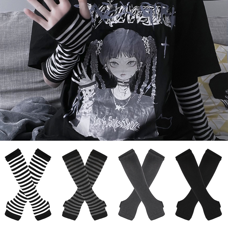 Fingerless Glove Knit - 女性長袖ゴシックストライプ指なしアームウォーマーニット女性のカジュアル無地ファッション手袋パンクアームアクセサリー