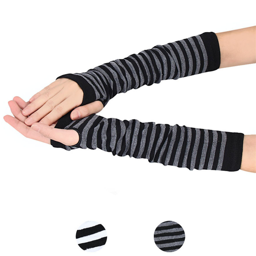 女性長袖ゴシックストライプ指なしアームウォーマーニット女性の - Fingerless Glove Knit のレビューと価格